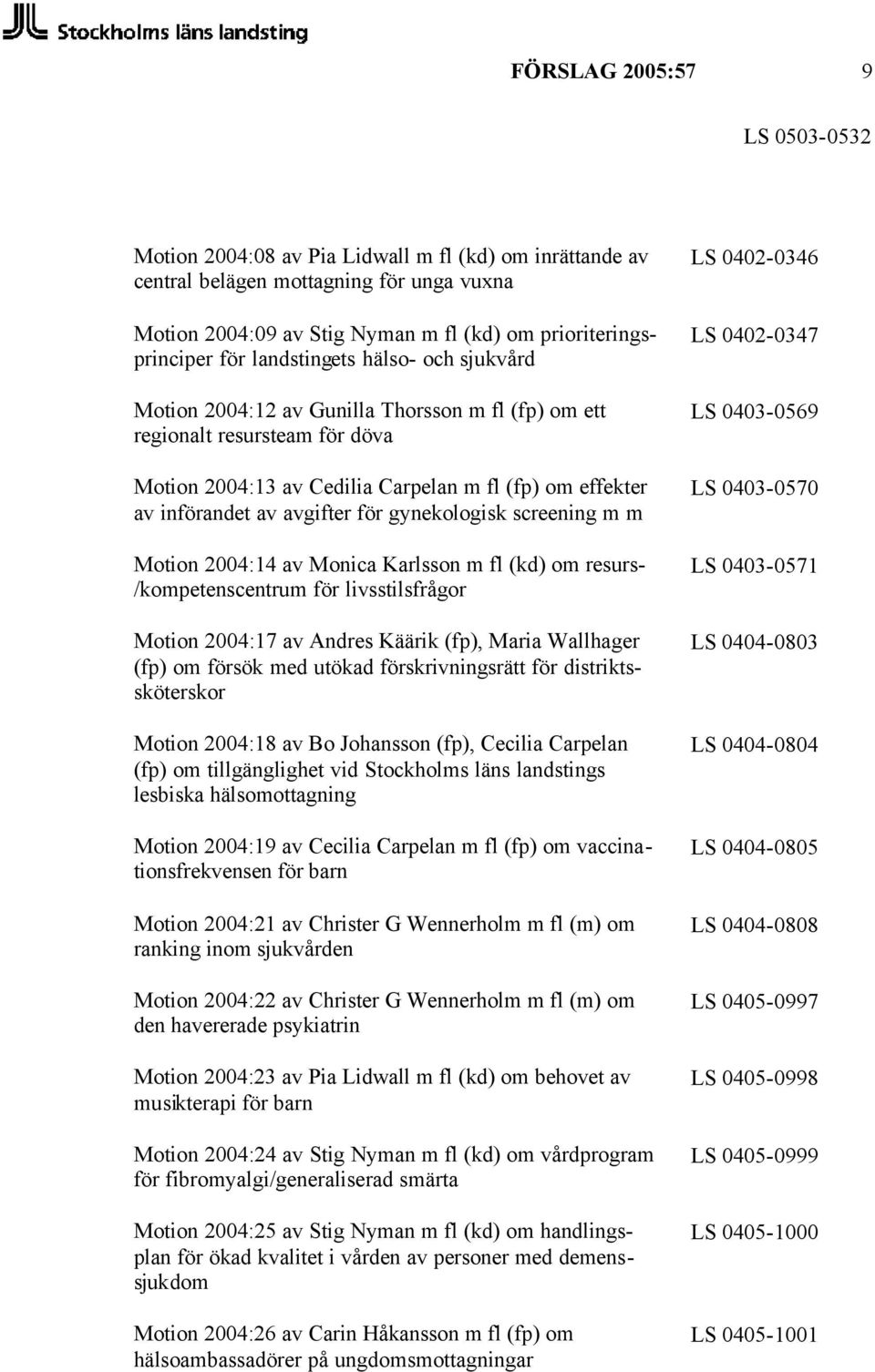 gynekologisk screening m m Motion 2004:14 av Monica Karlsson m fl (kd) om resurs- /kompetenscentrum för livsstilsfrågor Motion 2004:17 av Andres Käärik (fp), Maria Wallhager (fp) om försök med utökad