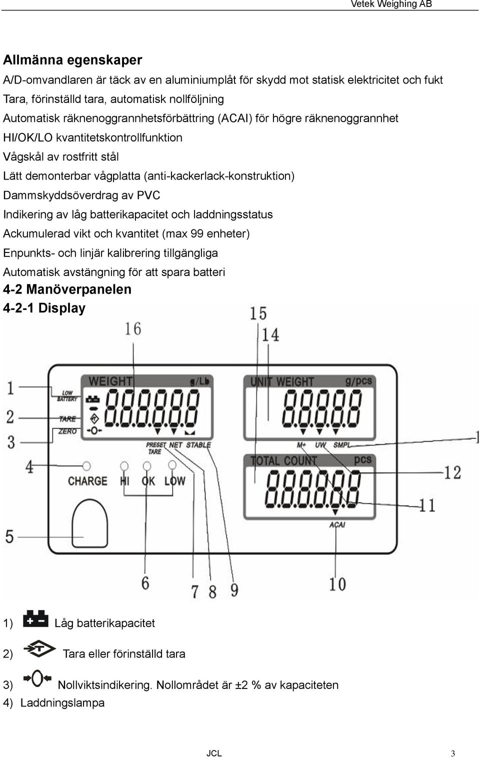 Dammskyddsöverdrag av PVC Indikering av låg batterikapacitet och laddningsstatus Ackumulerad vikt och kvantitet (max 99 enheter) Enpunkts- och linjär kalibrering tillgängliga