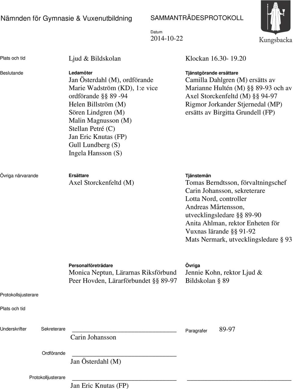 Lundberg (S) Ingela Hansson (S) Tjänstgörande ersättare Camilla Dahlgren (M) ersätts av Marianne Hultén (M) 89-93 och av Axel Storckenfeltd (M) 94-97 Rigmor Jorkander Stjernedal (MP) ersätts av