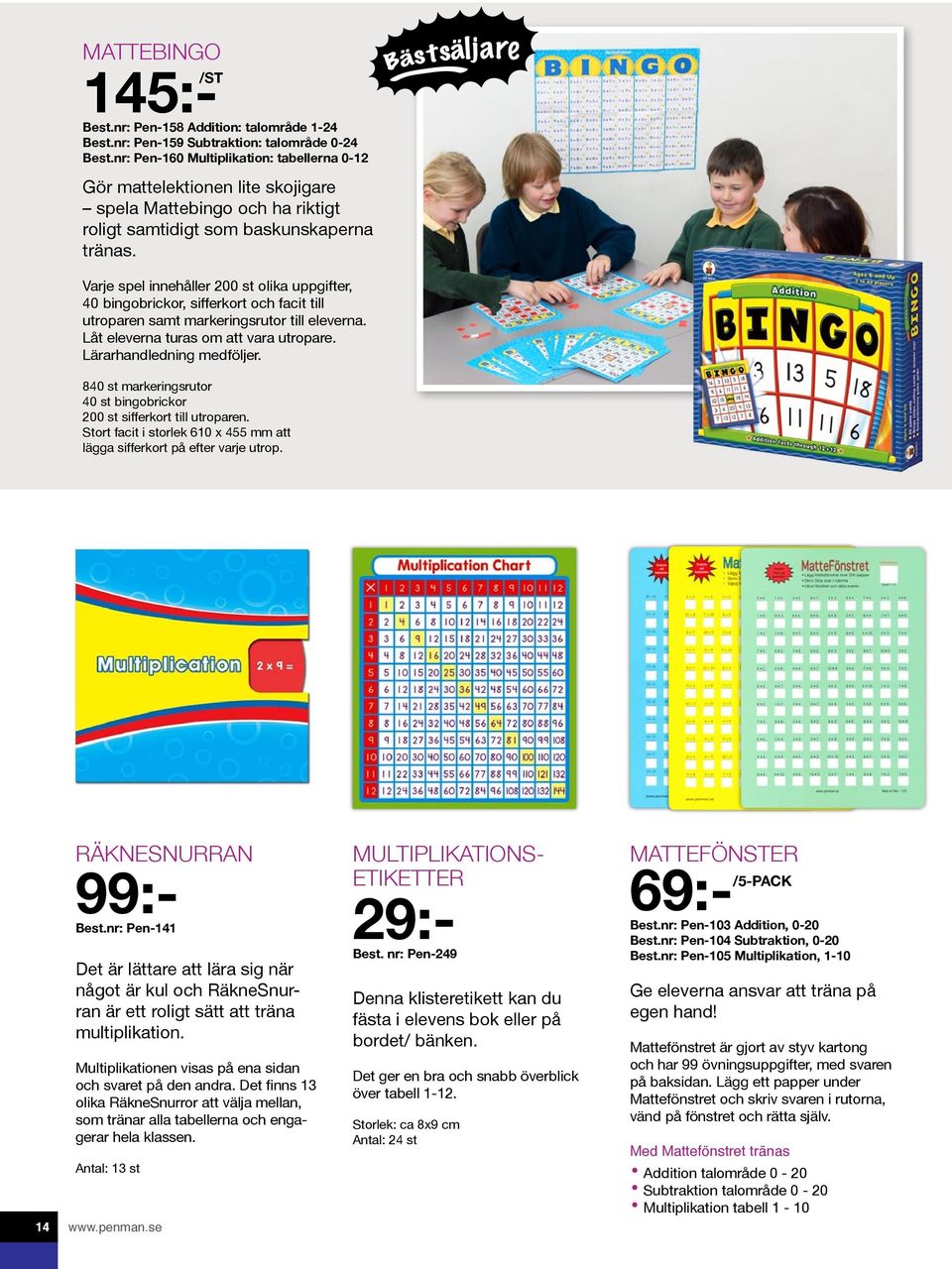 Varje spel innehåller 200 st olika uppgifter, 40 bingobrickor, sifferkort och facit till utroparen samt markeringsrutor till eleverna. Låt eleverna turas om att vara utropare.