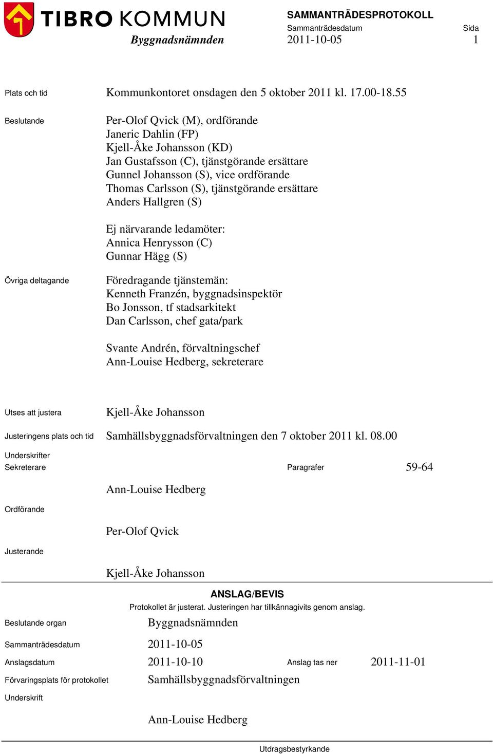 tjänstgörande ersättare Anders Hallgren (S) Ej närvarande ledamöter: Annica Henrysson (C) Gunnar Hägg (S) Övriga deltagande Föredragande tjänstemän: Kenneth Franzén, byggnadsinspektör Bo Jonsson, tf