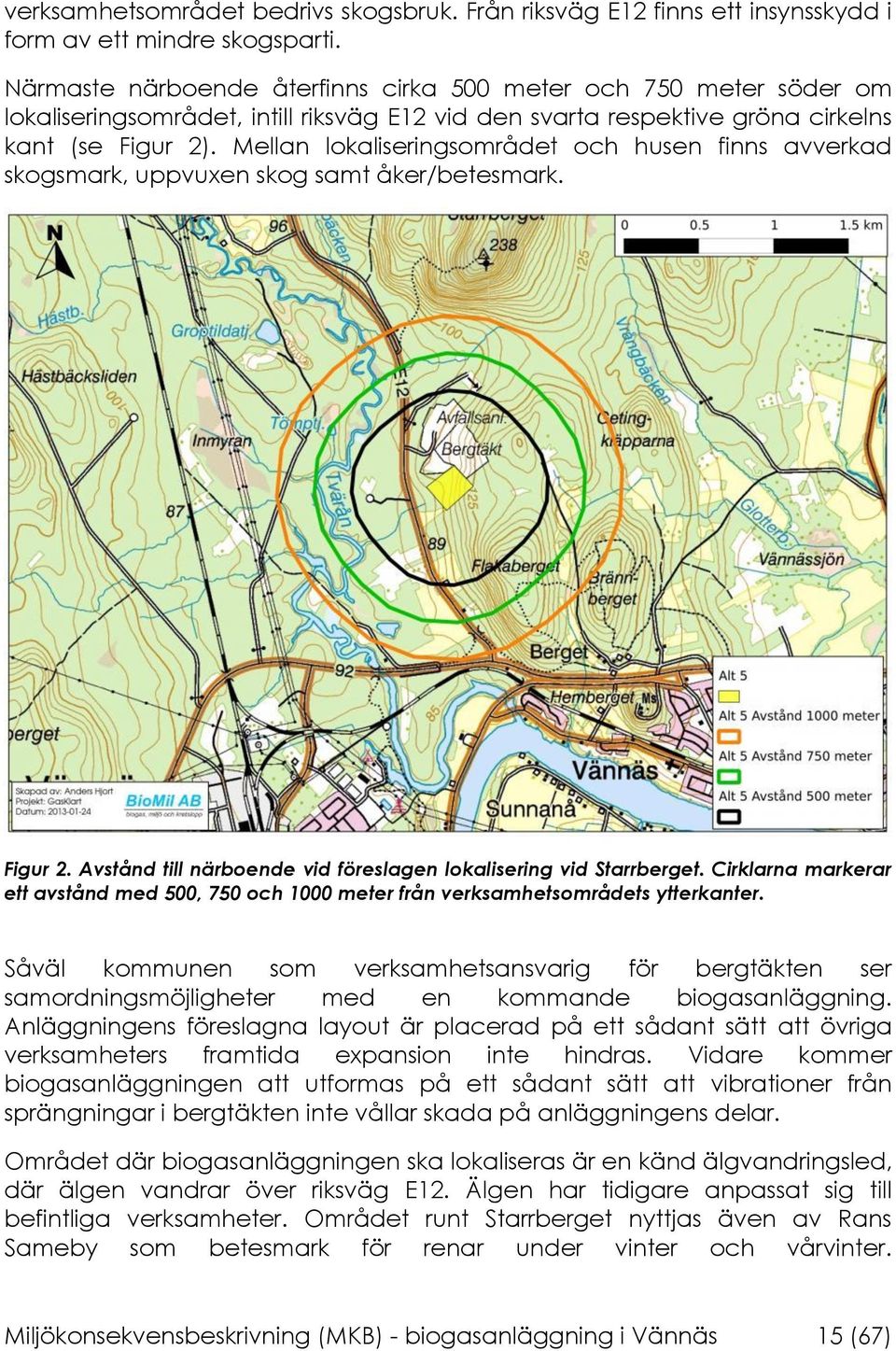 Mellan lokaliseringsområdet och husen finns avverkad skogsmark, uppvuxen skog samt åker/betesmark. Figur 2. Avstånd till närboende vid föreslagen lokalisering vid Starrberget.