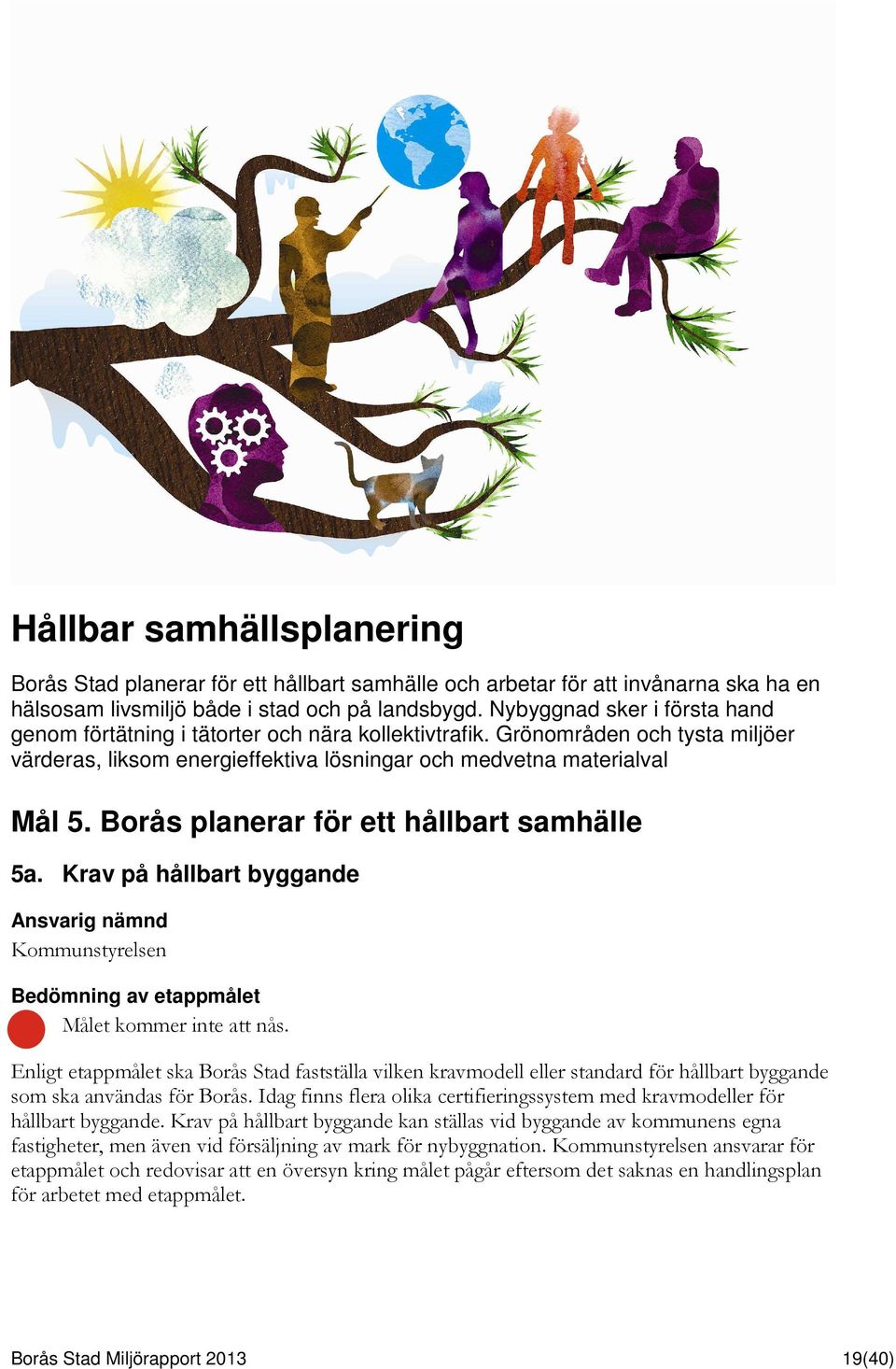 Borås planerar för ett hållbart samhälle 5a. Krav på hållbart byggande Kommunstyrelsen Målet kommer inte att nås.