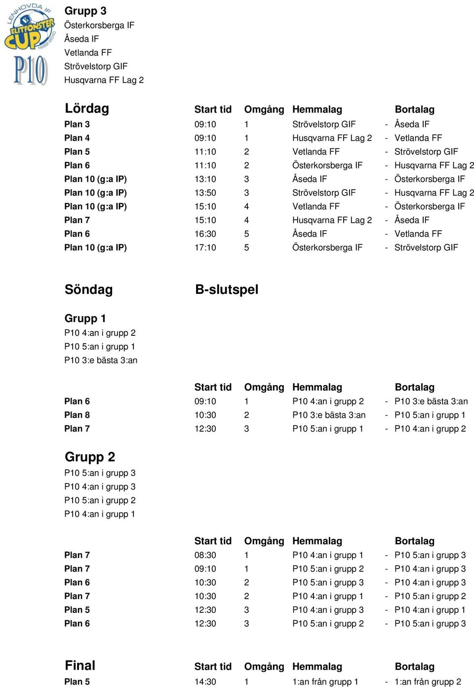 10 (g:a IP) 15:10 4 Vetlanda FF - Österkorsberga IF Plan 7 15:10 4 Husqvarna FF Lag 2 - Åseda IF Plan 6 16:30 5 Åseda IF - Vetlanda FF Plan 10 (g:a IP) 17:10 5 Österkorsberga IF - Strövelstorp GIF