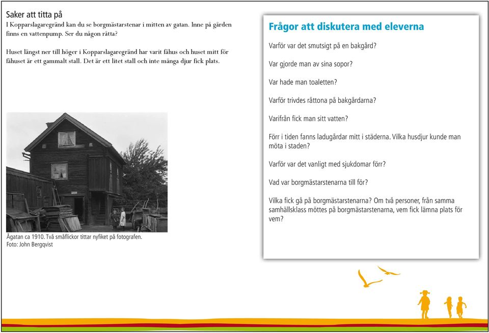 Frågor att diskutera med eleverna Varför var det smutsigt på en bakgård? Var gjorde man av sina sopor? Var hade man toaletten? Varför trivdes råttona på bakgårdarna? Varifrån fick man sitt vatten?