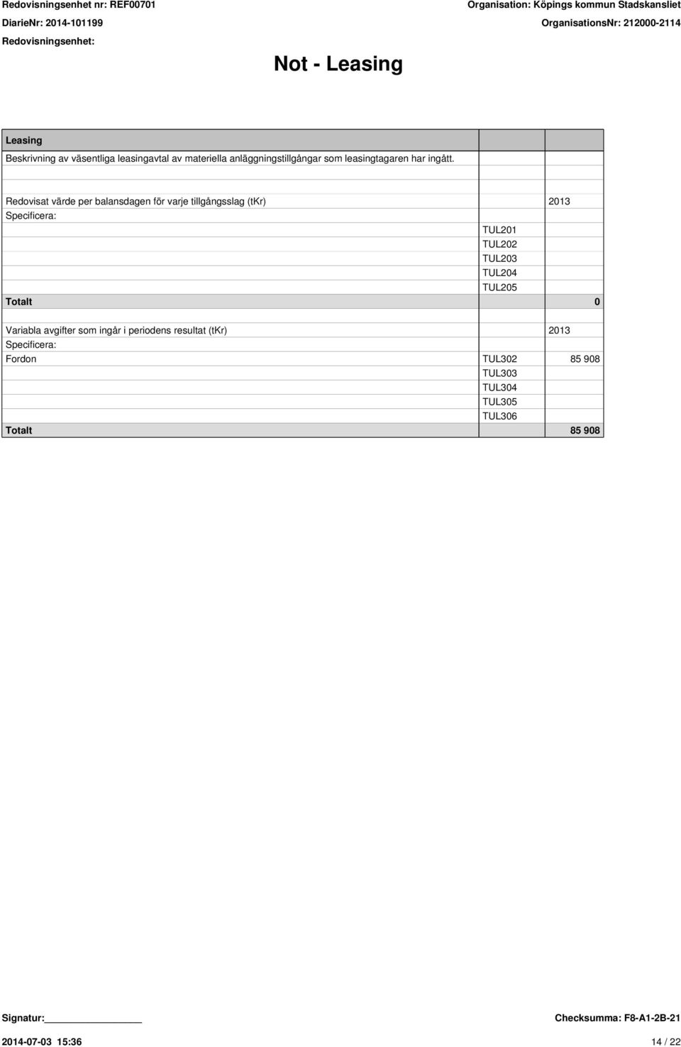 Redovisat värde per balansdagen för varje tillgångsslag (tkr) 2013 Specificera: TUL201 TUL202