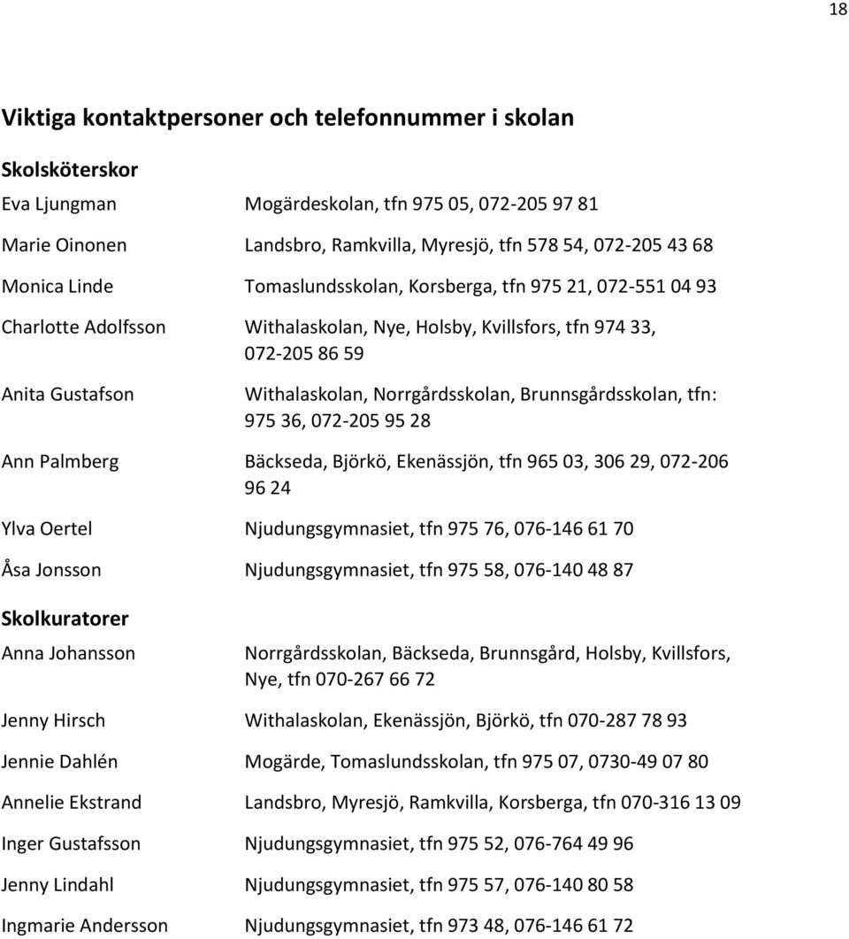 Brunnsgårdsskolan, tfn: 975 36, 072-205 95 28 Ann Palmberg Bäckseda, Björkö, Ekenässjön, tfn 965 03, 306 29, 072-206 96 24 Ylva Oertel Njudungsgymnasiet, tfn 975 76, 076-146 61 70 Åsa Jonsson