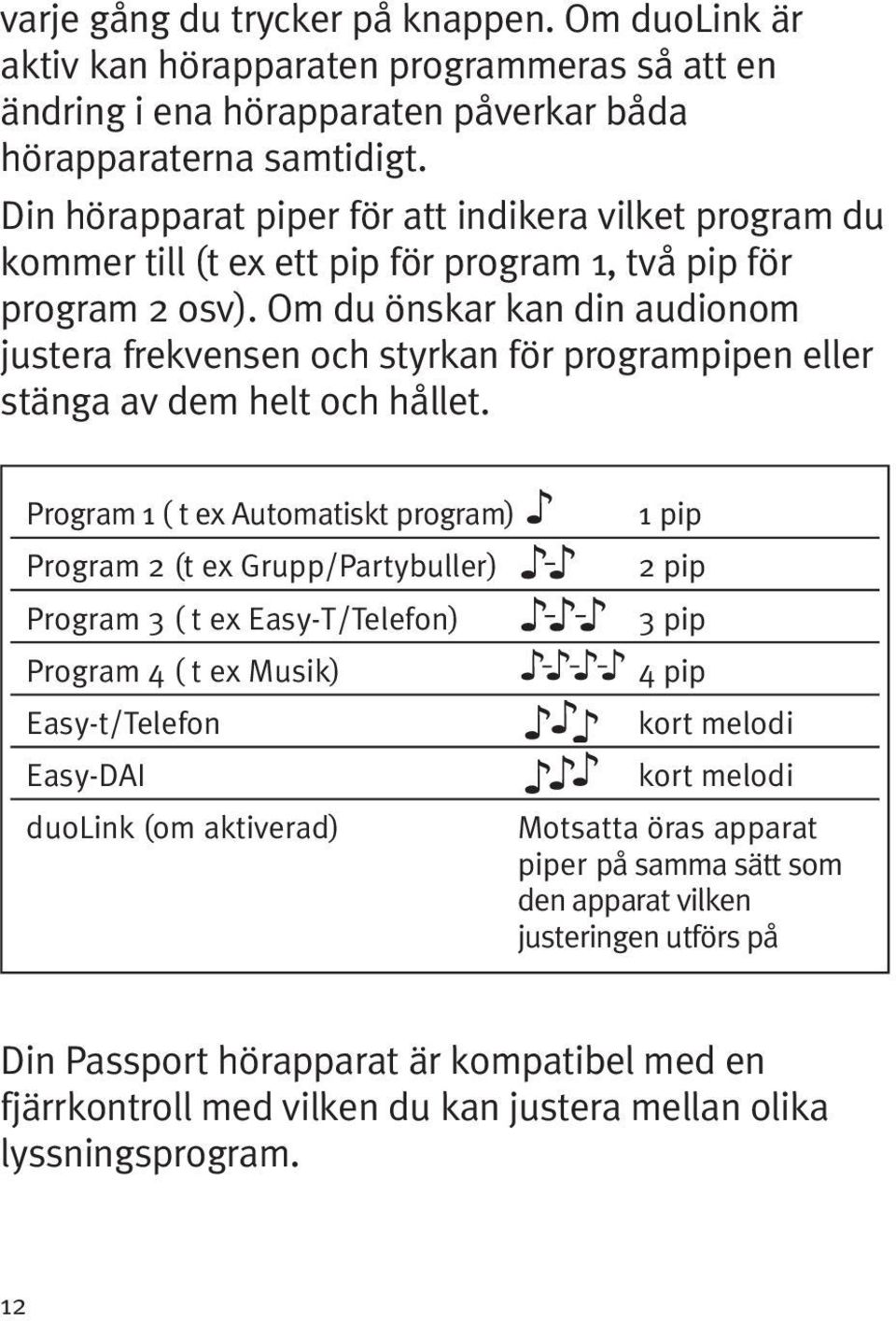 Om du önskar kan din audionom justera frekvensen och styrkan för programpipen eller stänga av dem helt och hållet.