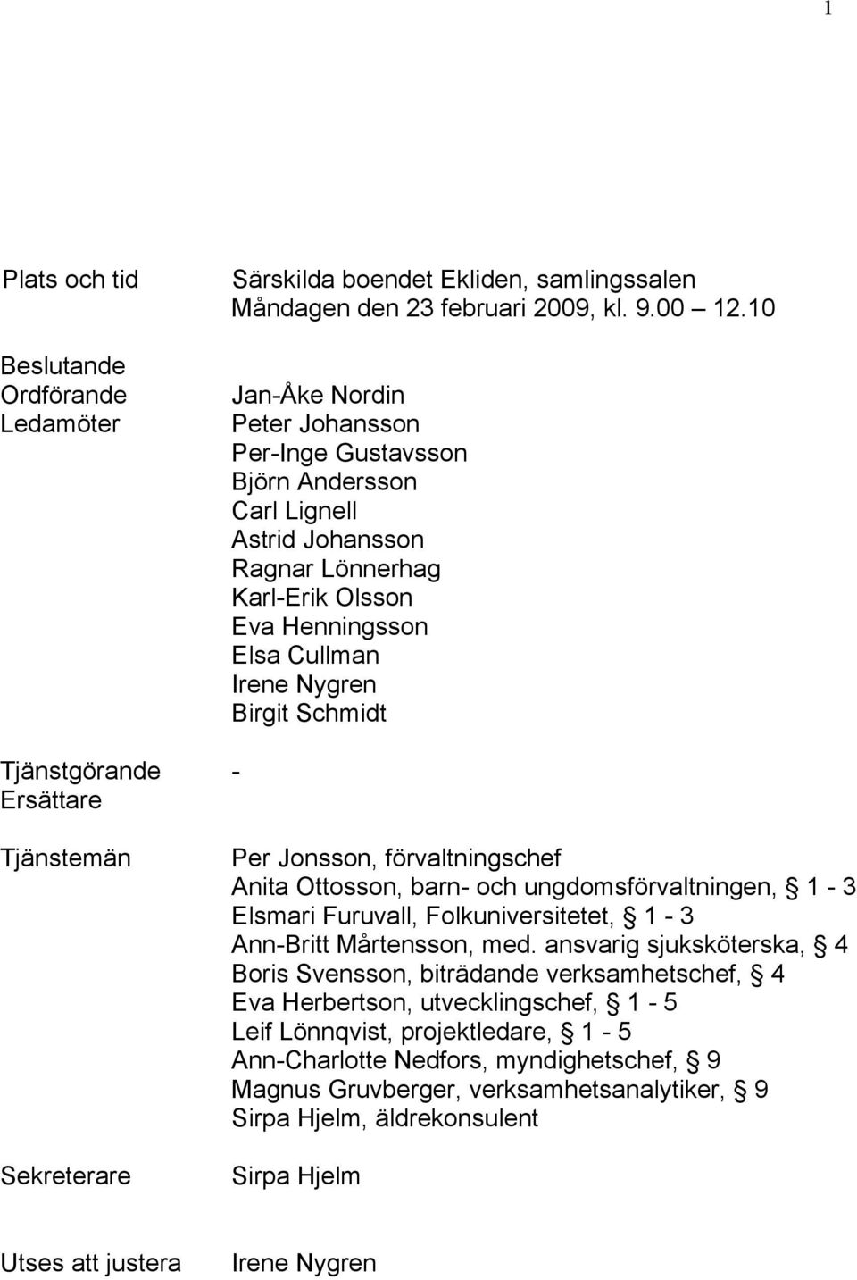 Tjänstgörande - Ersättare Tjänstemän Sekreterare Per Jonsson, förvaltningschef Anita Ottosson, barn- och ungdomsförvaltningen, 1-3 Elsmari Furuvall, Folkuniversitetet, 1-3 Ann-Britt Mårtensson, med.