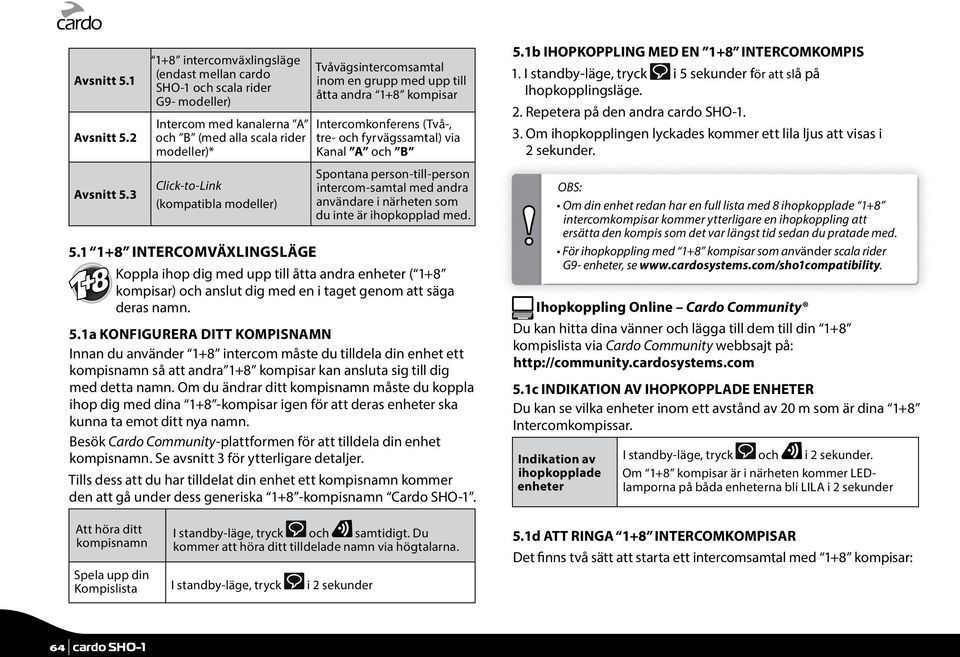 1 1+8 INTERCOMVÄXLINGSLÄGE Tvåvägsintercomsamtal inom en grupp med upp till åtta andra 1+8 kompisar Intercomkonferens (Två-, tre- och fyrvägssamtal) via Kanal A och B Spontana person-till-person