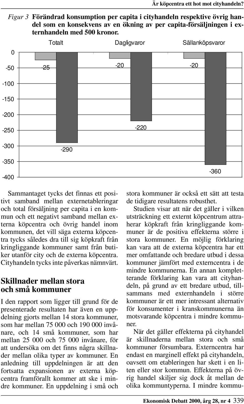 0 Totalt Dagligvaror Sällanköpsvaror -50-25 -20-20 -100-150 -200-250 -220-300 -290-350 -400 Sammantaget tycks det finnas ett positivt samband mellan externetableringar och total försäljning per