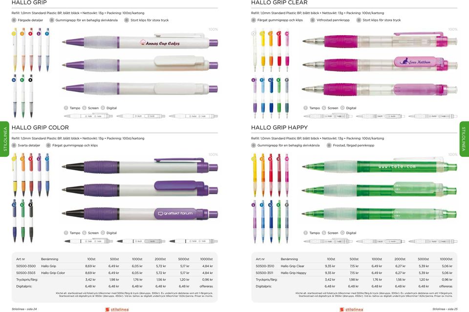 7x55 8x23 6x30 11x50 7x55 HALLO GRIP COLOR Refill: 1,0mm Standard Plastic BP, blått bläck Nettovikt: 13g Packning: 100st/kartong HALLO GRIP HAPPY Refill: 1,0mm Standard Plastic BP, blått bläck