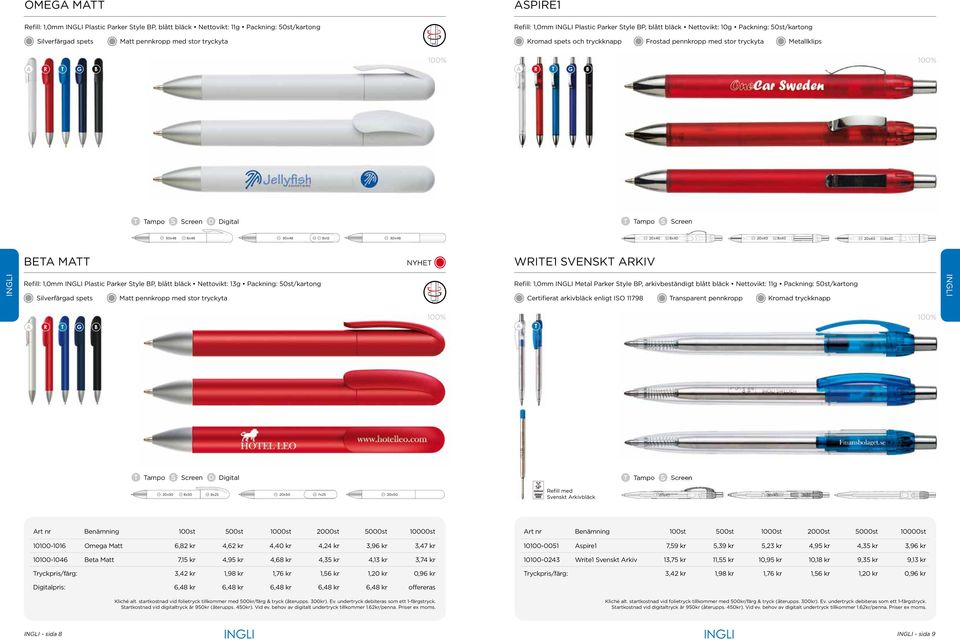 8x40 BETA MATT NYHET WRITE1 SVENSKT ARKIV Refill: 1,0mm INGLI Plastic Parker Style BP, blått bläck Nettovikt: 13g Packning: 50st/kartong Refill: 1,0mm INGLI Metal Parker Style BP, arkivbeständigt