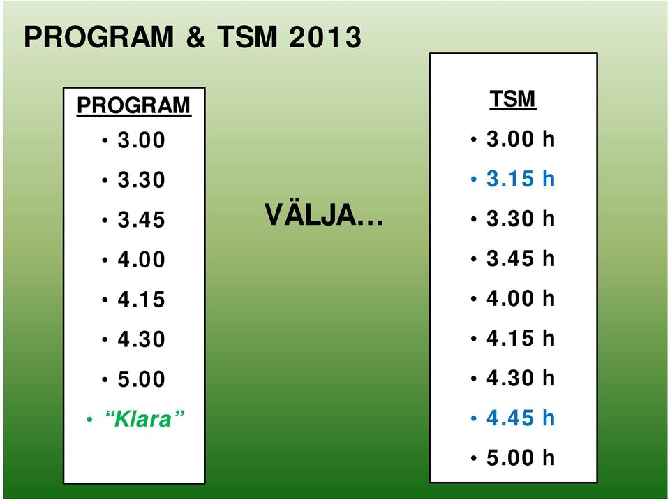 00 Klara VÄLJA TSM 3.00 h 3.15 h 3.