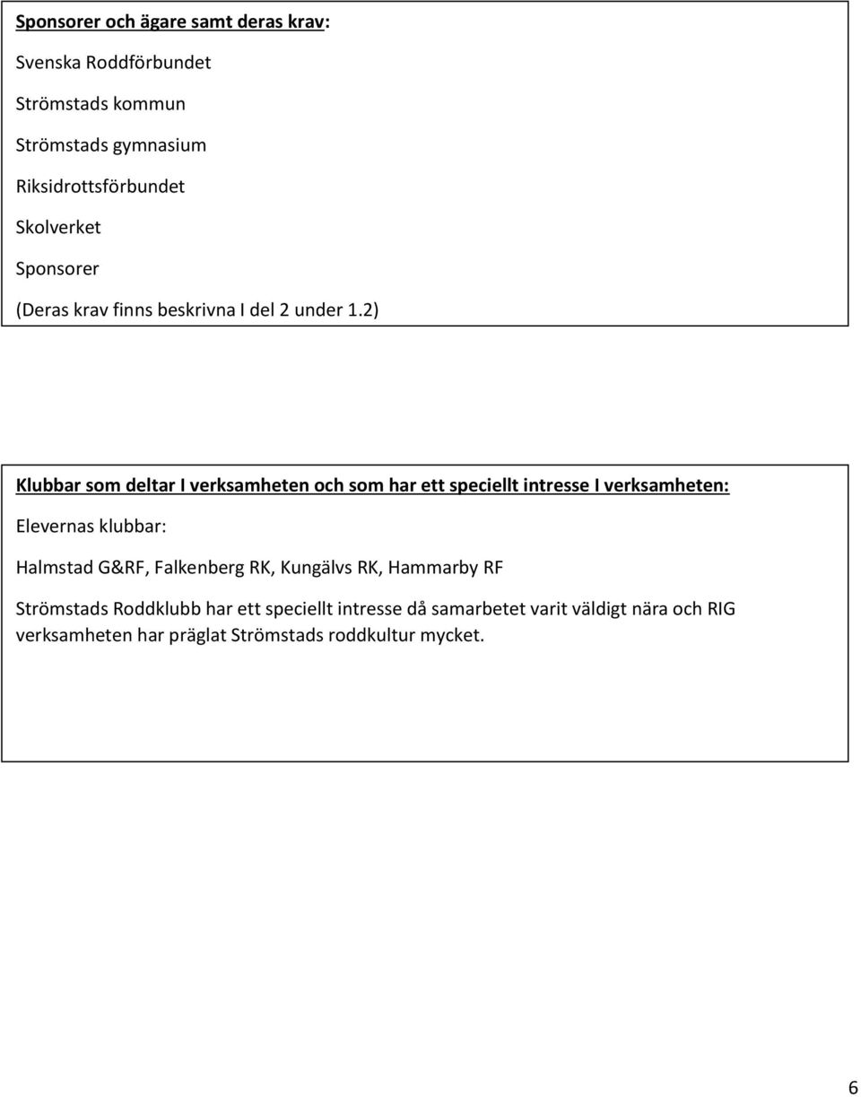 2) Klubbar som deltar I verksamheten och som har ett speciellt intresse I verksamheten: Elevernas klubbar: Halmstad G&RF,