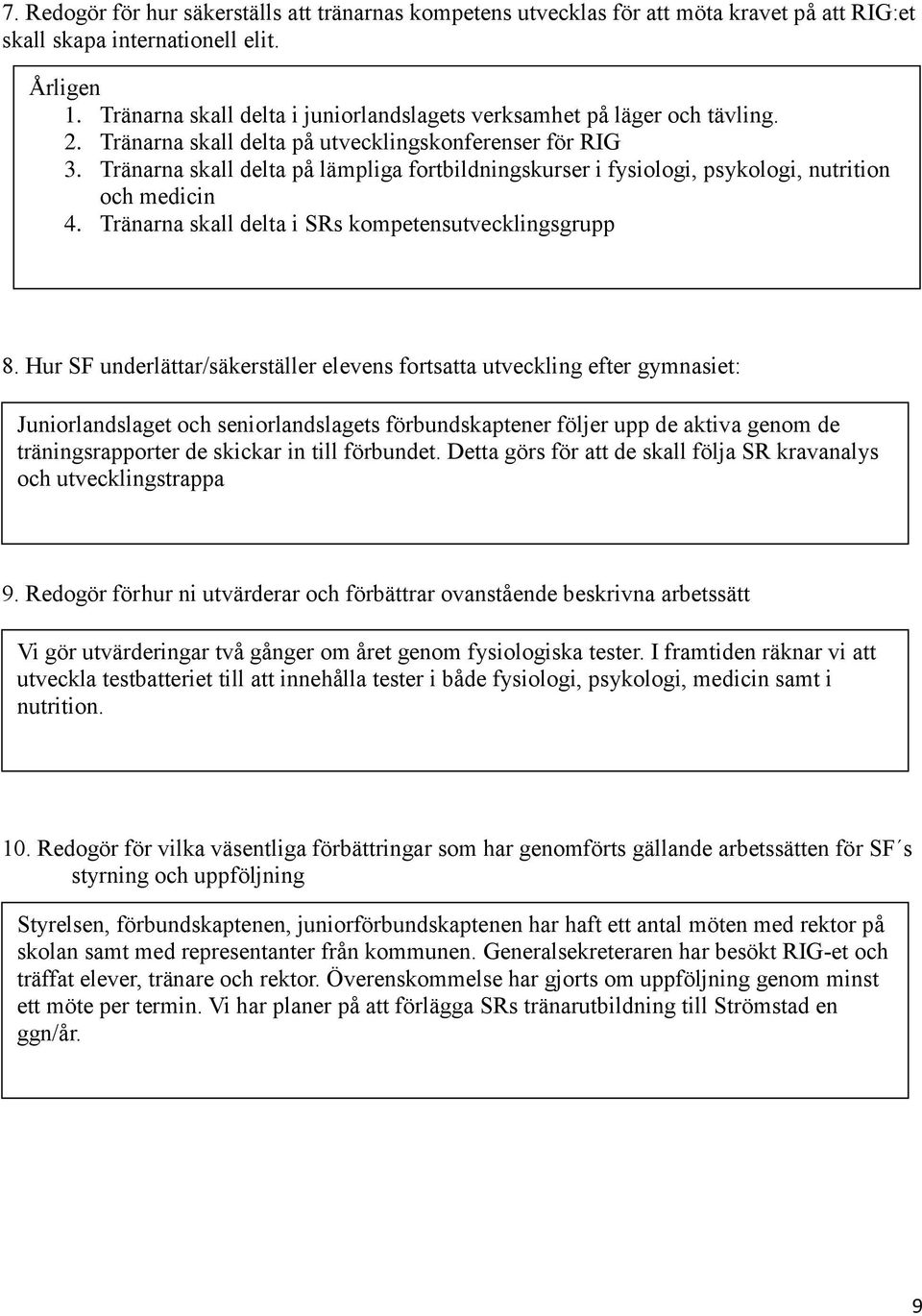 Tränarna skall delta på lämpliga fortbildningskurser i fysiologi, psykologi, nutrition och medicin 4. Tränarna skall delta i SRs kompetensutvecklingsgrupp 8.