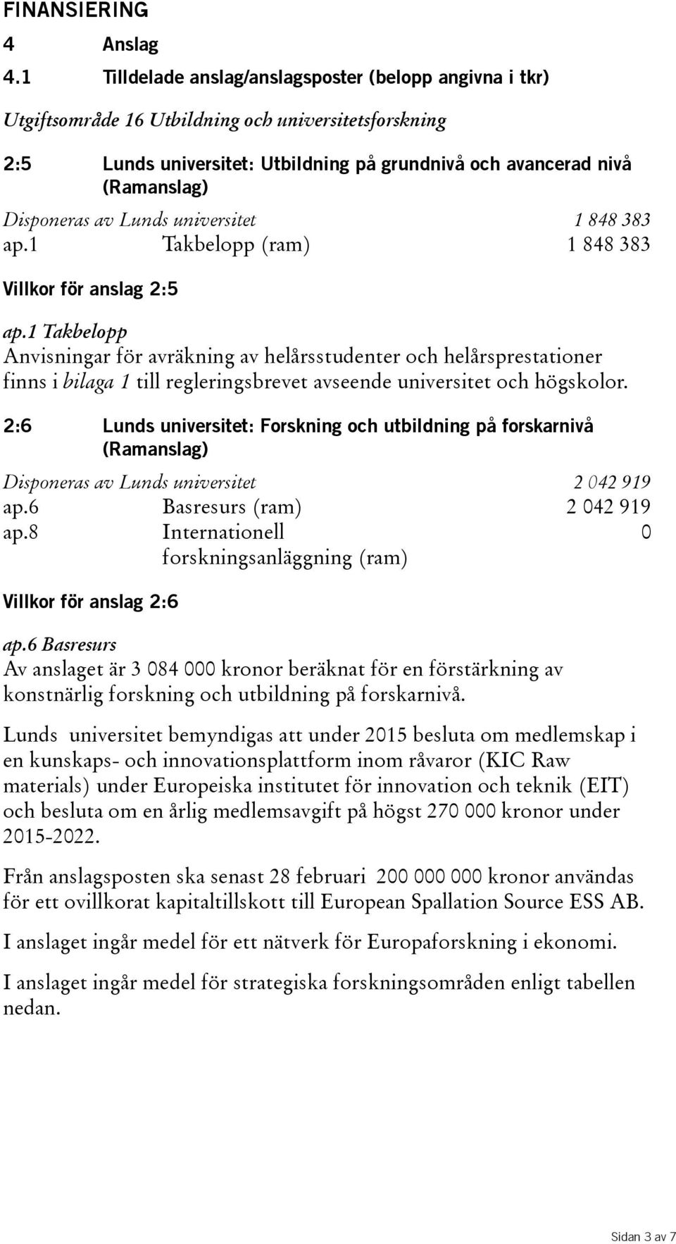 av Lunds universitet 1 848 383 ap.1 Takbelopp(ram) 1 848 383 Villkor för anslag 2:5 ap.