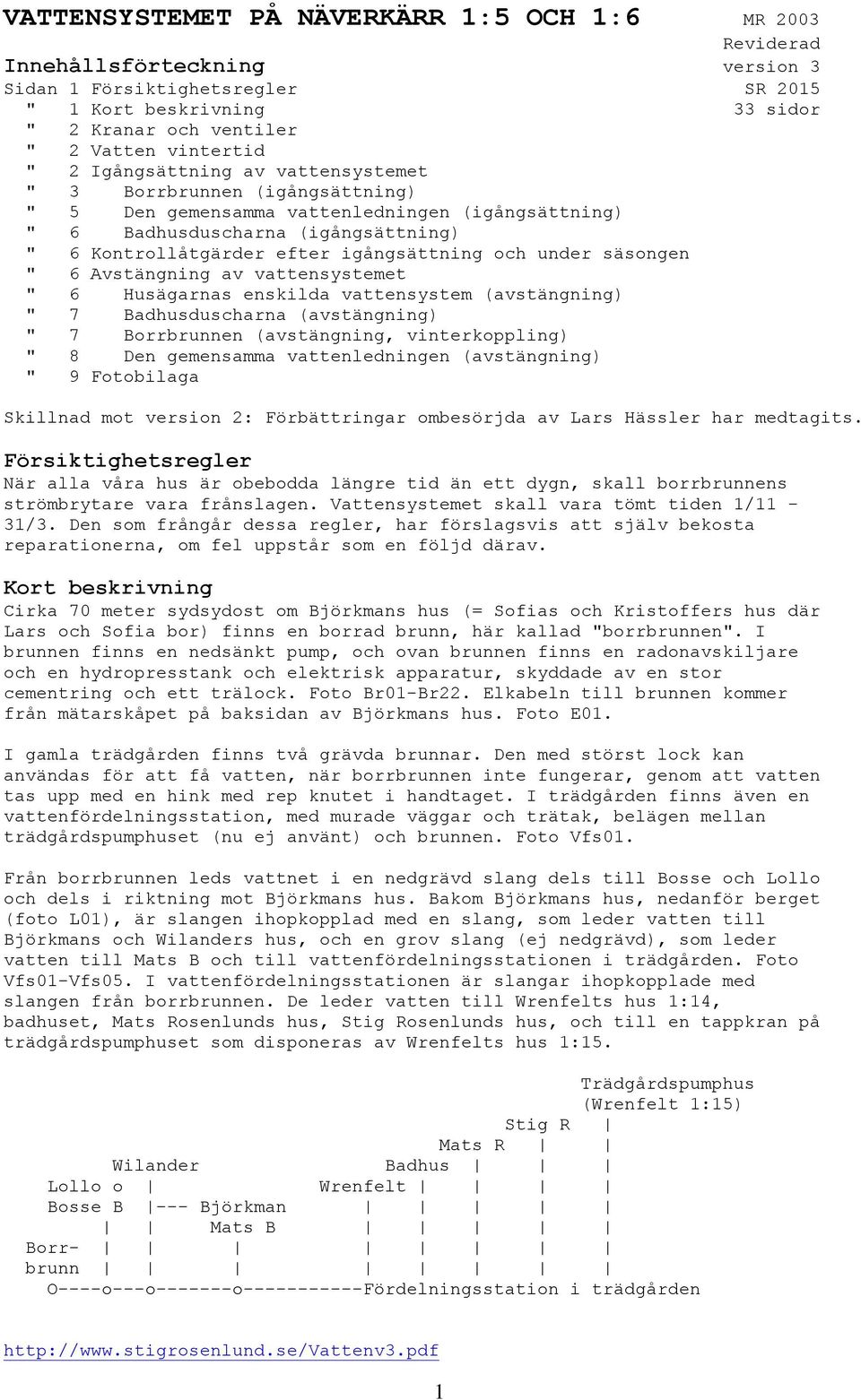 under säsongen " 6 Avstängning av vattensystemet " 6 Husägarnas enskilda vattensystem (avstängning) " 7 Badhusduscharna (avstängning) " 7 Borrbrunnen (avstängning, vinterkoppling) " 8 Den gemensamma