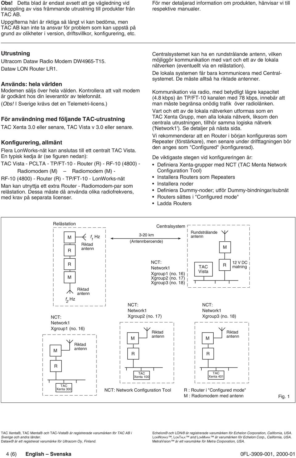 För mer detaljerad information om produkten, hänvisar vi till respektive manualer. Utrustning Ultracom Dataw adio odem DW4965-T15. Dataw LON outer L1.