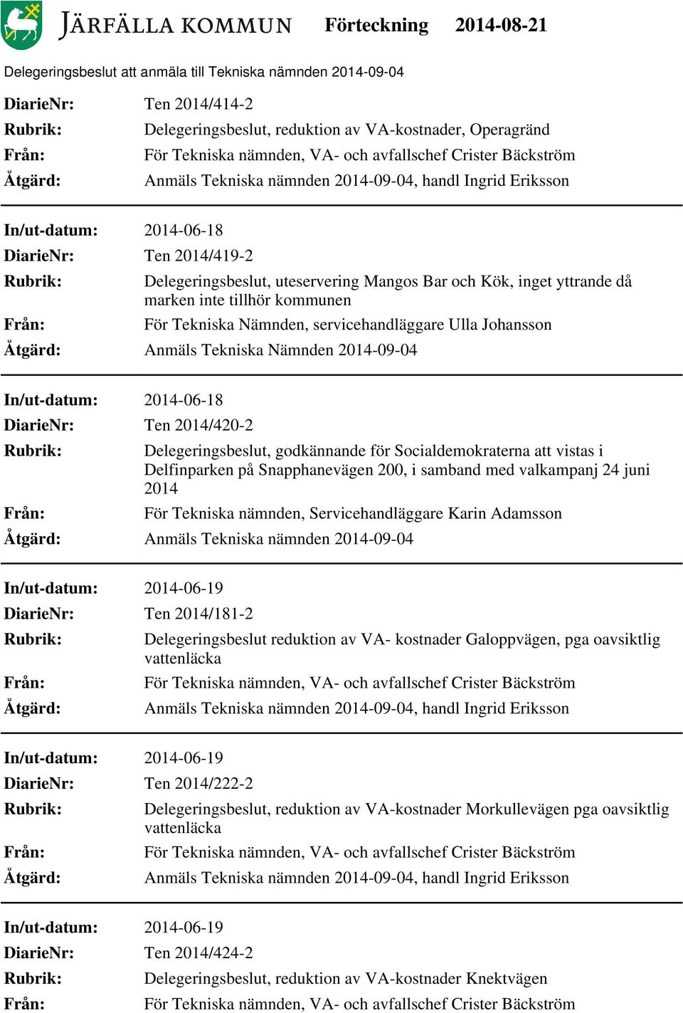 Socialdemokraterna att vistas i Delfinparken på Snapphanevägen 200, i samband med valkampanj 24 juni 2014 För Tekniska nämnden, Servicehandläggare Karin Adamsson In/ut-datum: 2014-06-19 DiarieNr: Ten