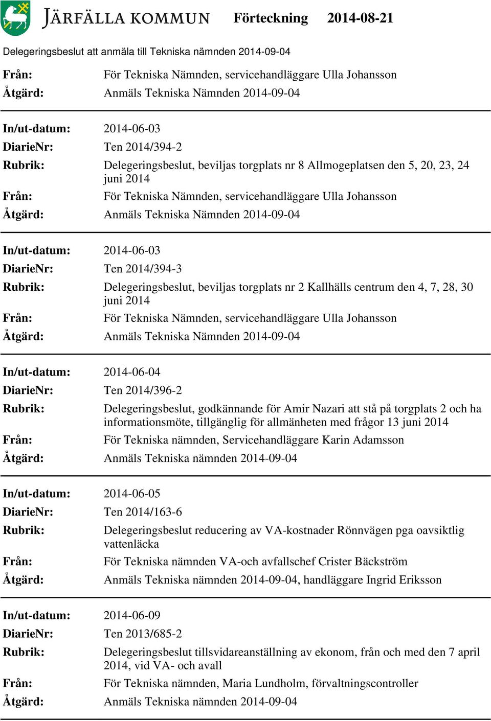 torgplats 2 och ha informationsmöte, tillgänglig för allmänheten med frågor 13 juni 2014 För Tekniska nämnden, Servicehandläggare Karin Adamsson In/ut-datum: 2014-06-05 DiarieNr: Ten 2014/163-6