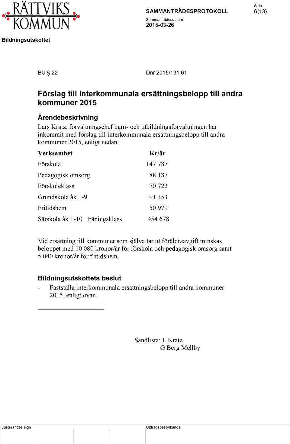 1-9 91 353 Fritidshem 50 979 Särskola åk 1-10 träningsklass 454 678 Vid ersättning till kommuner som själva tar ut föräldraavgift minskas beloppet med 10 080 kronor/år för förskola