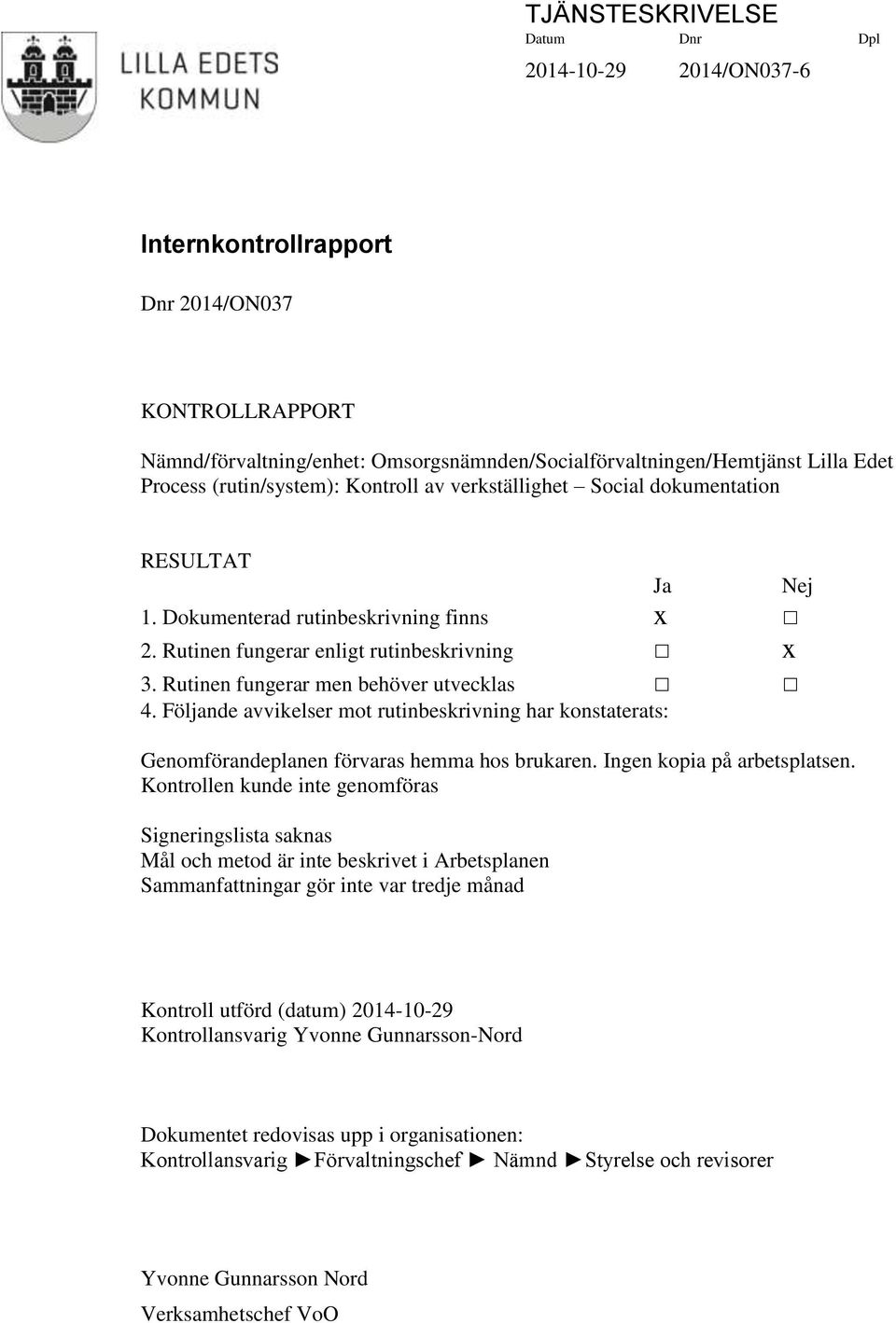 Rutinen fungerar men behöver utvecklas 4. Följande avvikelser mot rutinbeskrivning har konstaterats: Genomförandeplanen förvaras hemma hos brukaren. Ingen kopia på arbetsplatsen.