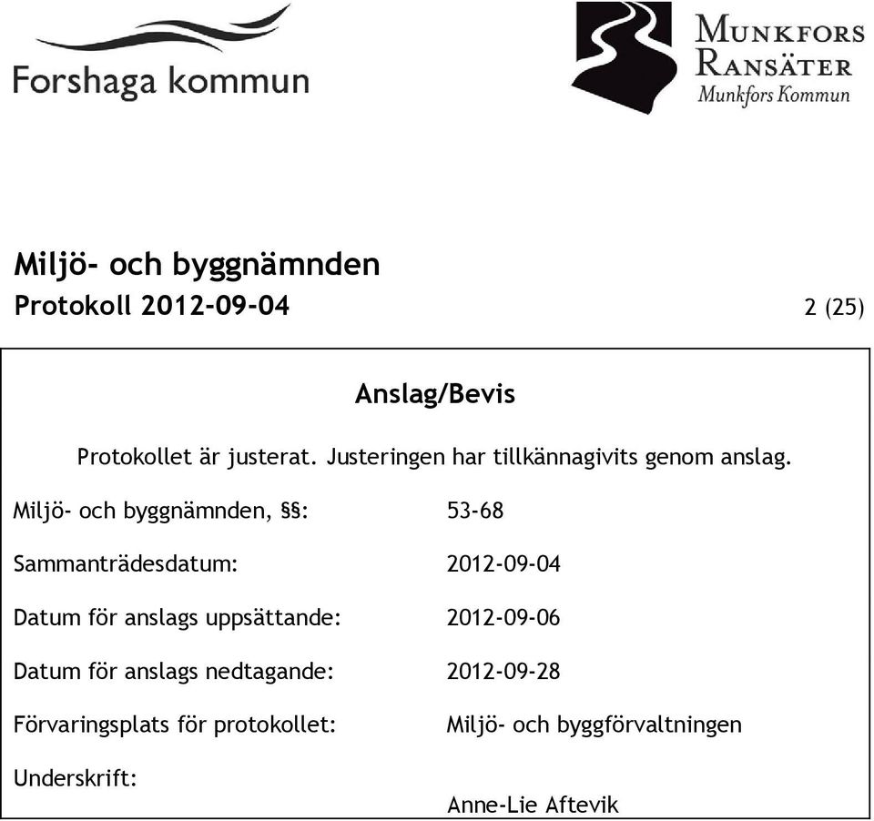 Miljö- och byggnämnden, : 53-68 Sammanträdesdatum: 2012-09-04 Datum för anslags