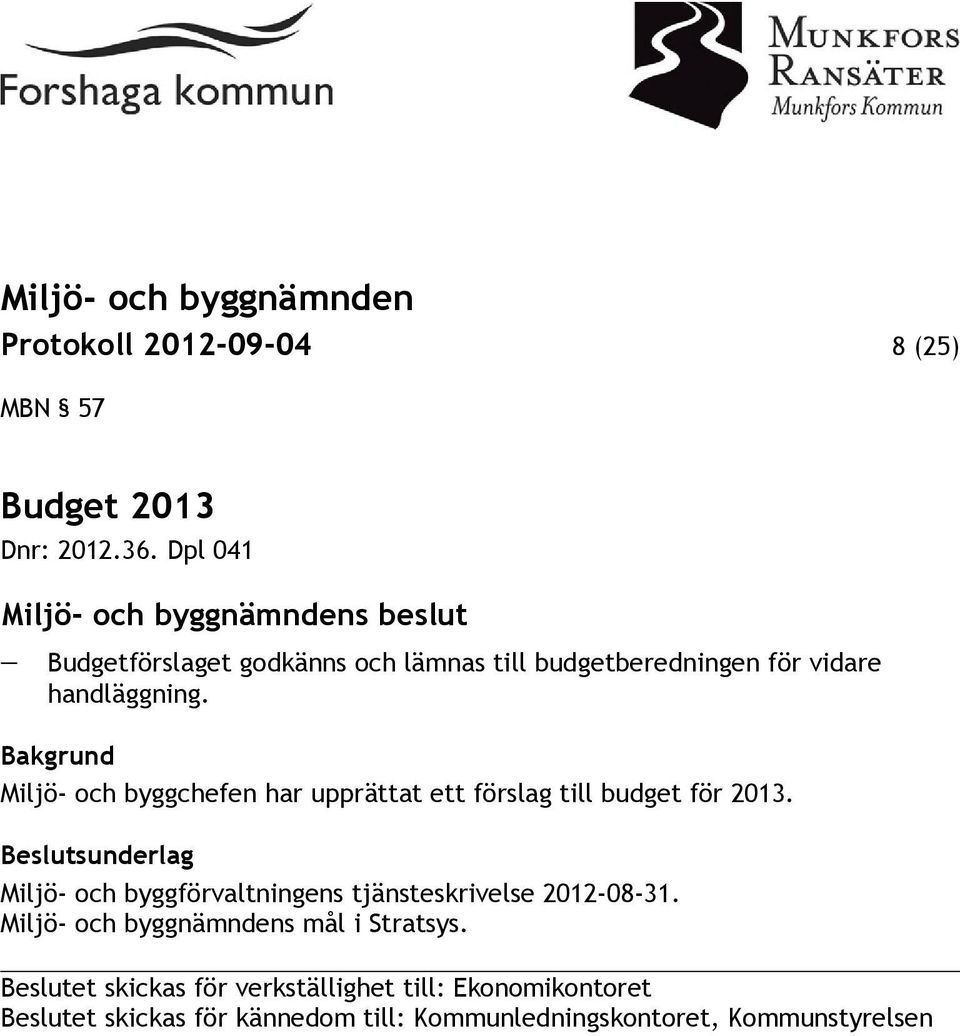 Bakgrund Miljö- och byggchefen har upprättat ett förslag till budget för 2013.