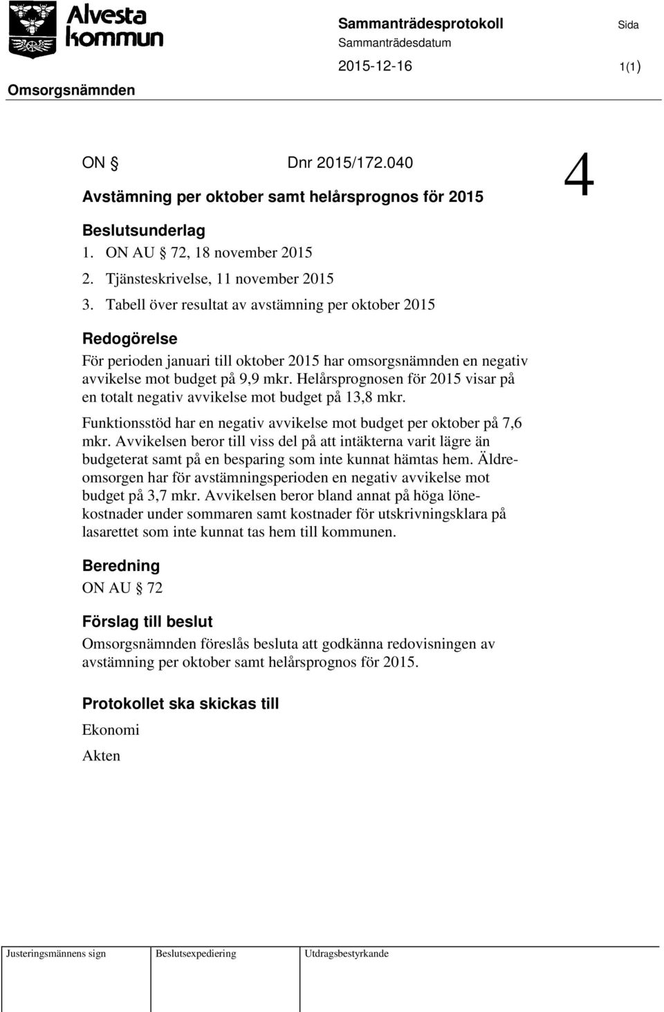 Tabell över resultat av avstämning per oktober 2015 Redogörelse För perioden januari till oktober 2015 har omsorgsnämnden en negativ avvikelse mot budget på 9,9 mkr.