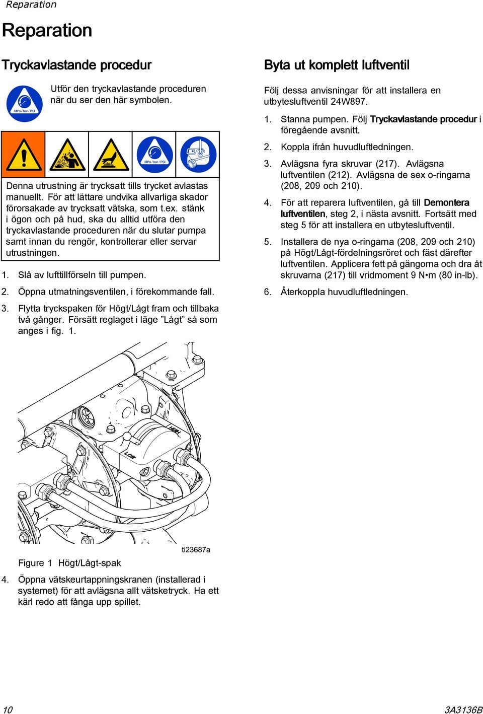 stänk i ögon och på hud, ska du alltid utföra den tryckavlastande proceduren när du slutar pumpa samt innan du rengör, kontrollerar eller servar utrustningen. 1. Slå av lufttillförseln till pumpen. 2.