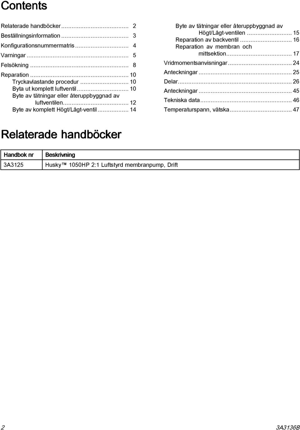 .. 14 Byte av tätningar eller återuppbyggnad av Högt/Lågt-ventilen... 15 Reparation av backventil... 16 Reparation av membran och mittsektion... 17 Vridmomentsanvisningar.