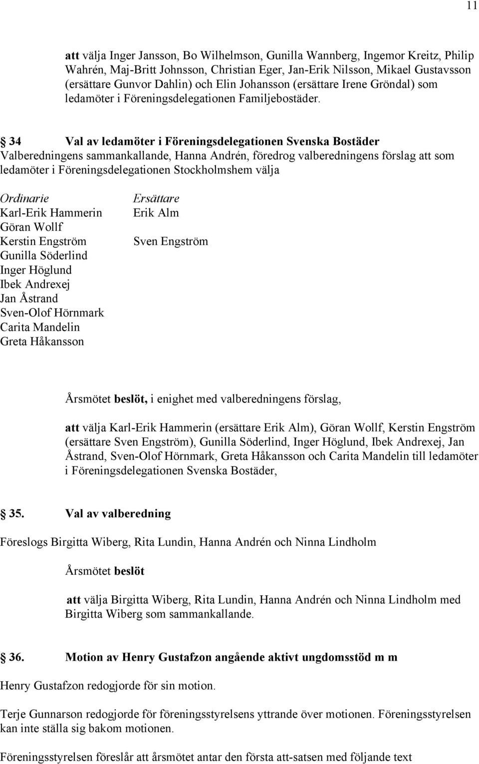 34 Val av ledamöter i Föreningsdelegationen Svenska Bostäder ledamöter i Föreningsdelegationen Stockholmshem välja Ordinarie Karl-Erik Hammerin Göran Wollf Kerstin Engström Gunilla Söderlind Inger