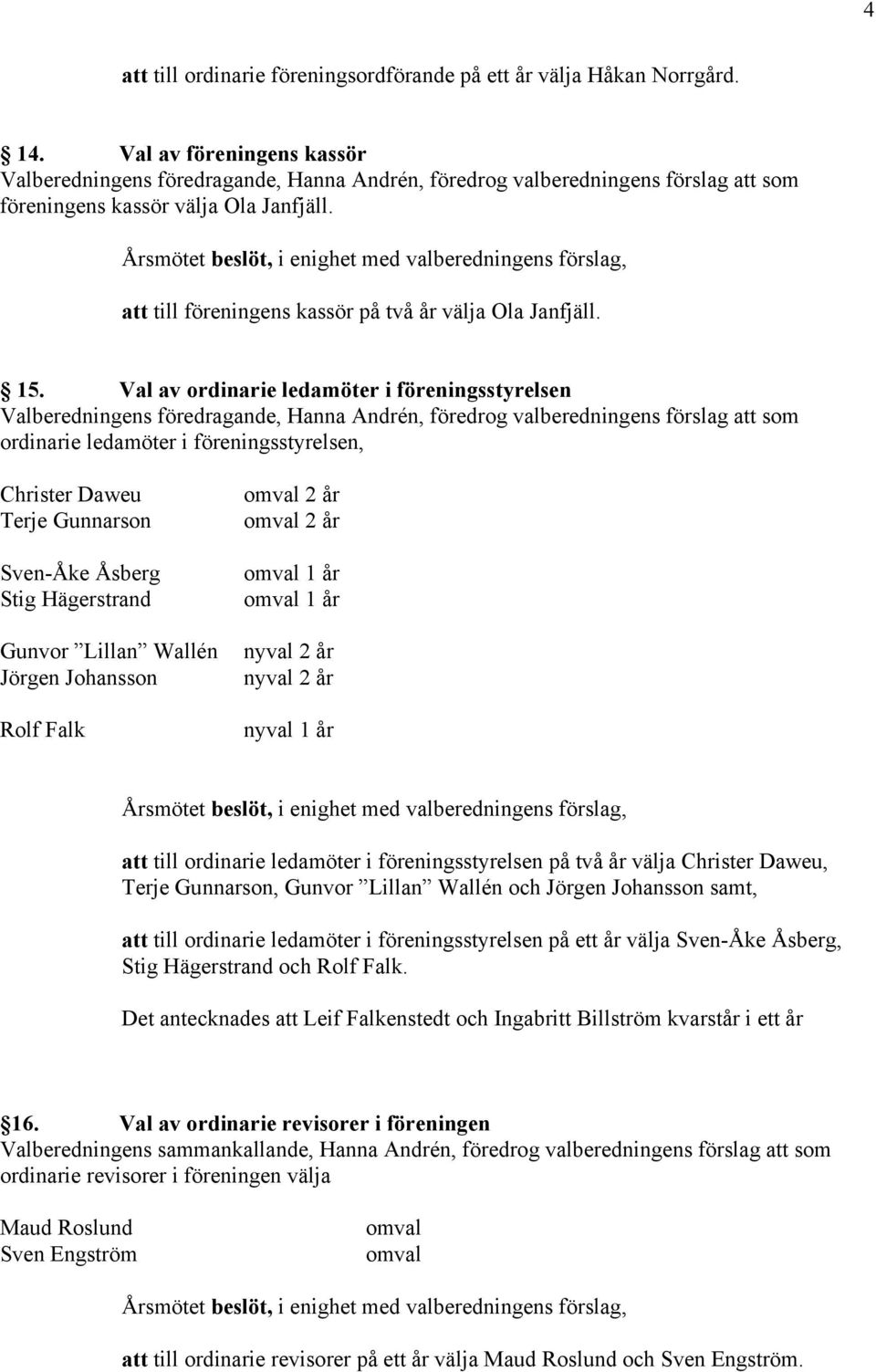 , i enighet med valberedningens förslag, att till föreningens kassör på två år välja Ola Janfjäll. 15.
