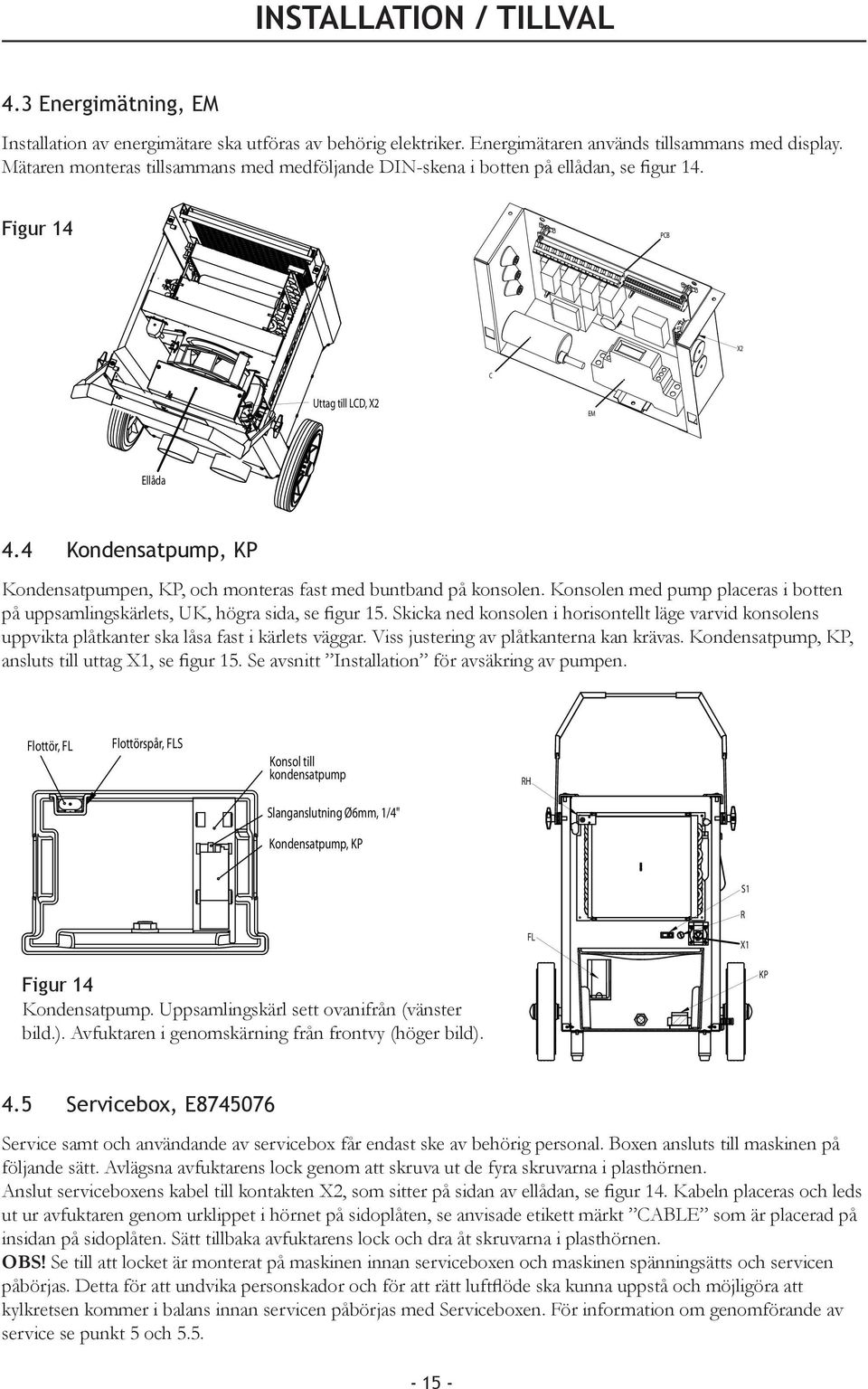 Figur 14 PCB X2 C Uttag till LCD, X2 Flottör, FL Flottörspår, FLS EM Konsol till kondensatpump Slanganslutning Ø6mm, 1/4" Ellåda Kondensatpump, KP 4.