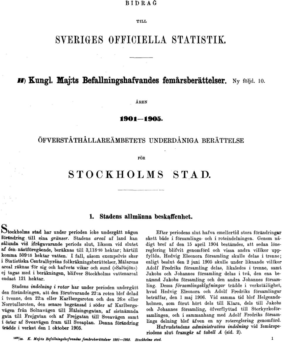 Stadens areal af land kan sålunda vid ifrågavarande periods slut, liksom vid slutet af den-nästföregående, beräknas till 3,11893 hektar; härtill komma 509-15 hektar vatten.