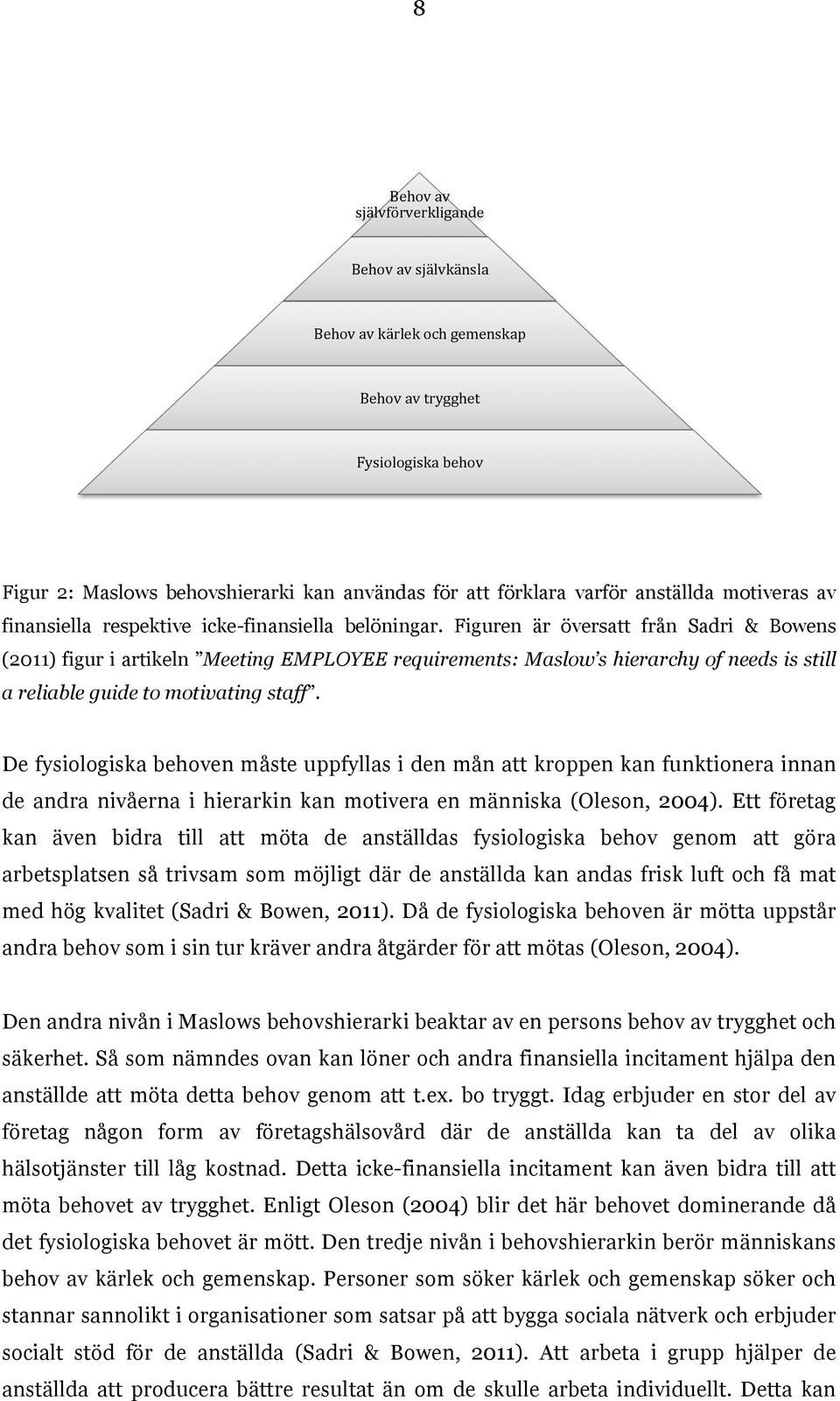 Figuren är översatt från Sadri & Bowens (2011) figur i artikeln Meeting EMPLOYEE requirements: Maslow s hierarchy of needs is still a reliable guide to motivating staff.