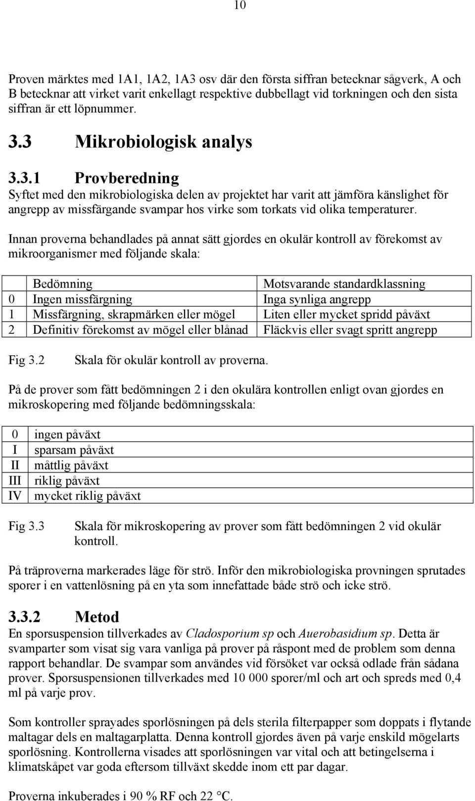 Innan proverna behandlades på annat sätt gjordes en okulär kontroll av förekomst av mikroorganismer med följande skala: Bedömning Motsvarande standardklassning 0 Ingen missfärgning Inga synliga