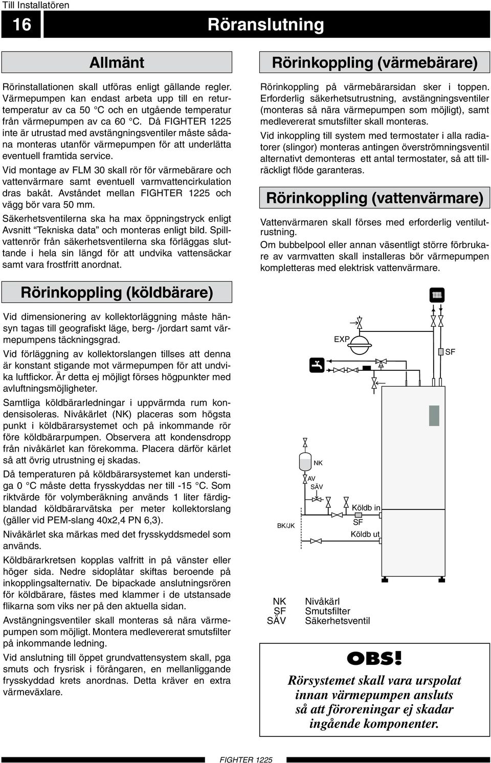 Då inte är utrustad med avstängningsventiler måste sådana monteras utanför värmepumpen för att underlätta eventuell framtida service.