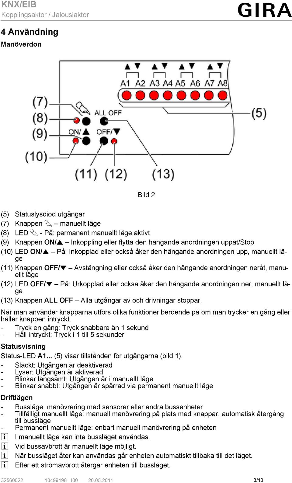 LED OFF/o På: Urkopplad eller också åker den hängande anordningen ner, manuellt läge (13) Knappen ALL OFF Alla utgångar av och drivningar stoppar.