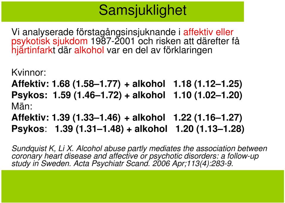 20) Män: Affektiv: 1.39 (1.33 1.46) + alkohol 1.22 (1.16 1.27) Psykos: 1.39 (1.31 1.48) + alkohol 1.20 (1.13 1.28) Sundquist K, Li X.