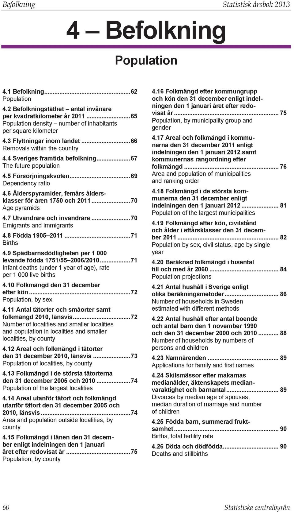 5 Försörjningskvoten... 69 Dependency ratio 4.6 Ålderspyramider, femårs åldersklasser för åren 1750 och 2011... 70 Age pyramids 4.7 Utvandrare och invandrare... 70 Emigrants and immigrants 4.