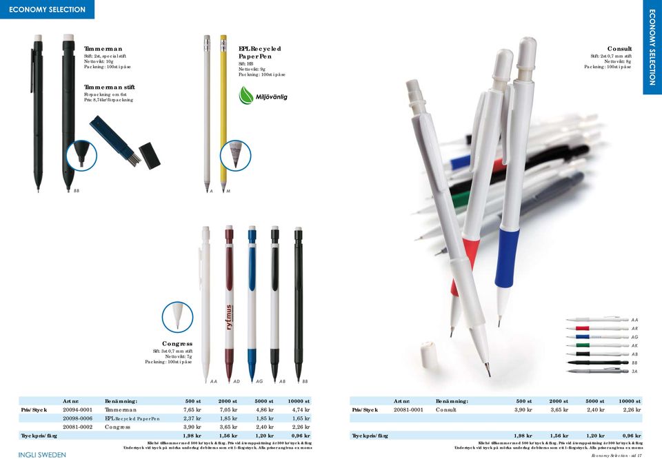 mm stift Nettovikt: 7g Packning: 100st i påse 20094-0001 Timmerman 7,65 kr 7,05 kr 4,86 kr 4,74 kr 20098-0006 EPL Recycled Paper Pen 2,37 kr 1,85