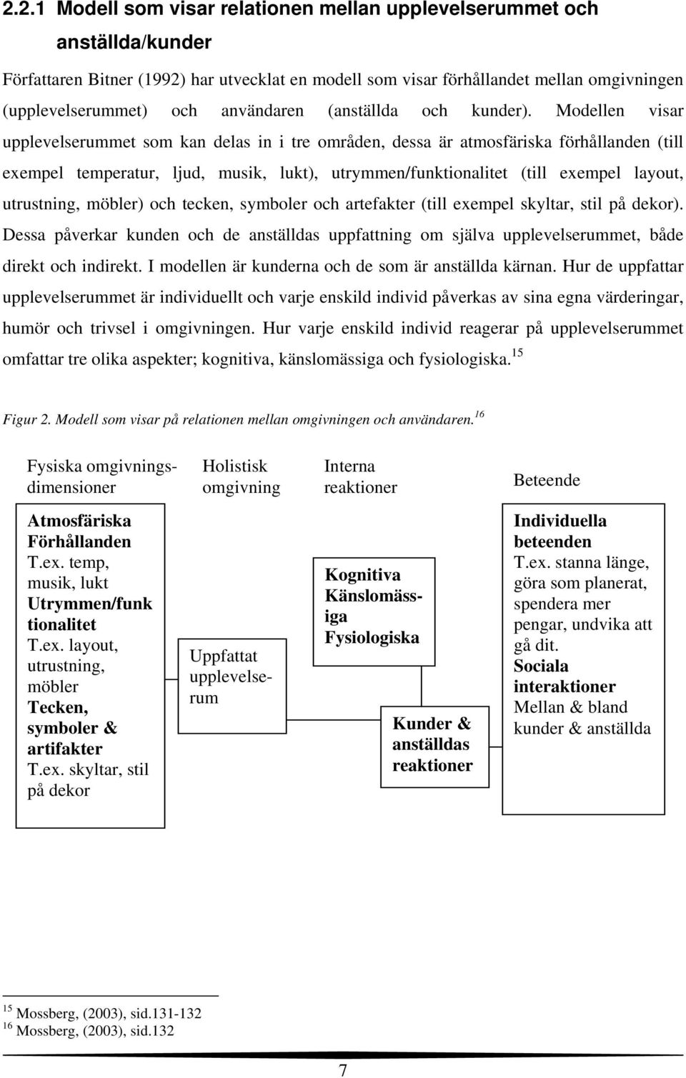 Modellen visar upplevelserummet som kan delas in i tre områden, dessa är atmosfäriska förhållanden (till exempel temperatur, ljud, musik, lukt), utrymmen/funktionalitet (till exempel layout,