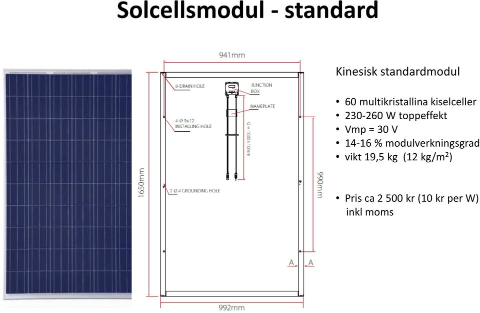 Vmp= 30 V 14-16 % modulverkningsgrad vikt19,5 kg