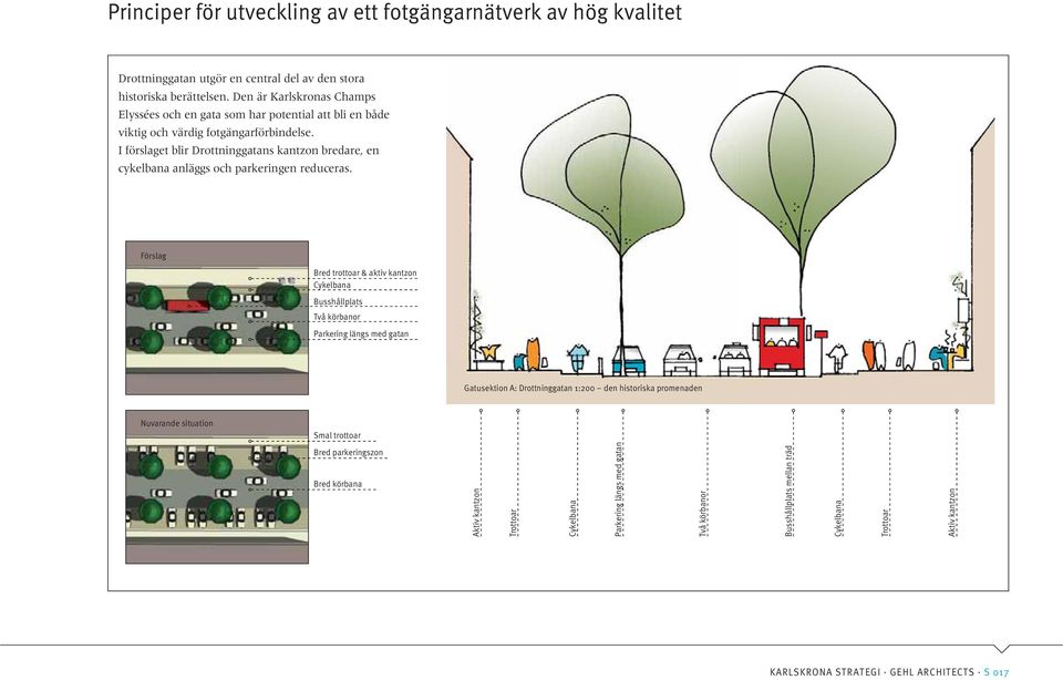 I förslaget blir Drottninggatans kantzon bredare, en cykelbana anläggs och parkeringen reduceras.