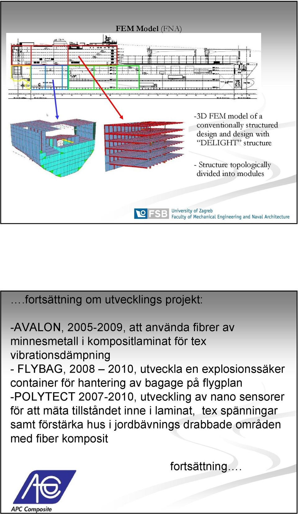 fortsättning om utvecklings projekt: -AVALON, 2005-2009, att använda fibrer av minnesmetall i kompositlaminat för tex vibrationsdämpning -