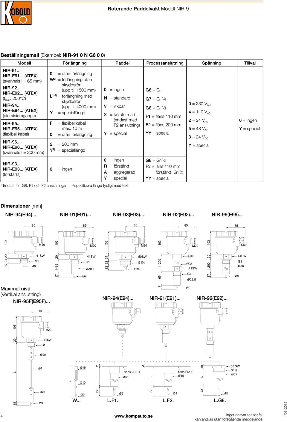 .. (ATEX) (förstärkt) 0 = utan förlängning W ) = förlängning utan skyddsrör (upp till 1500 mm) 1)) = förlängning med skyddsrör (upp till 4000 mm) längd F = flexibel kabel max.