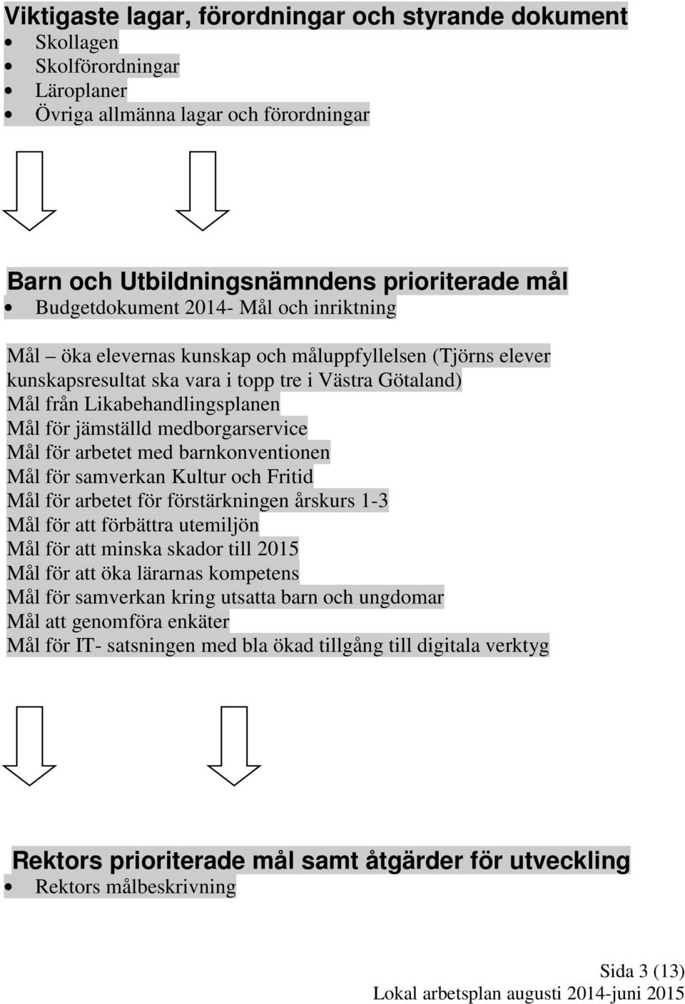 medborgarservice Mål för arbetet med barnkonventionen Mål för samverkan Kultur och Fritid Mål för arbetet för förstärkningen årskurs 1-3 Mål för att förbättra utemiljön Mål för att minska skador till