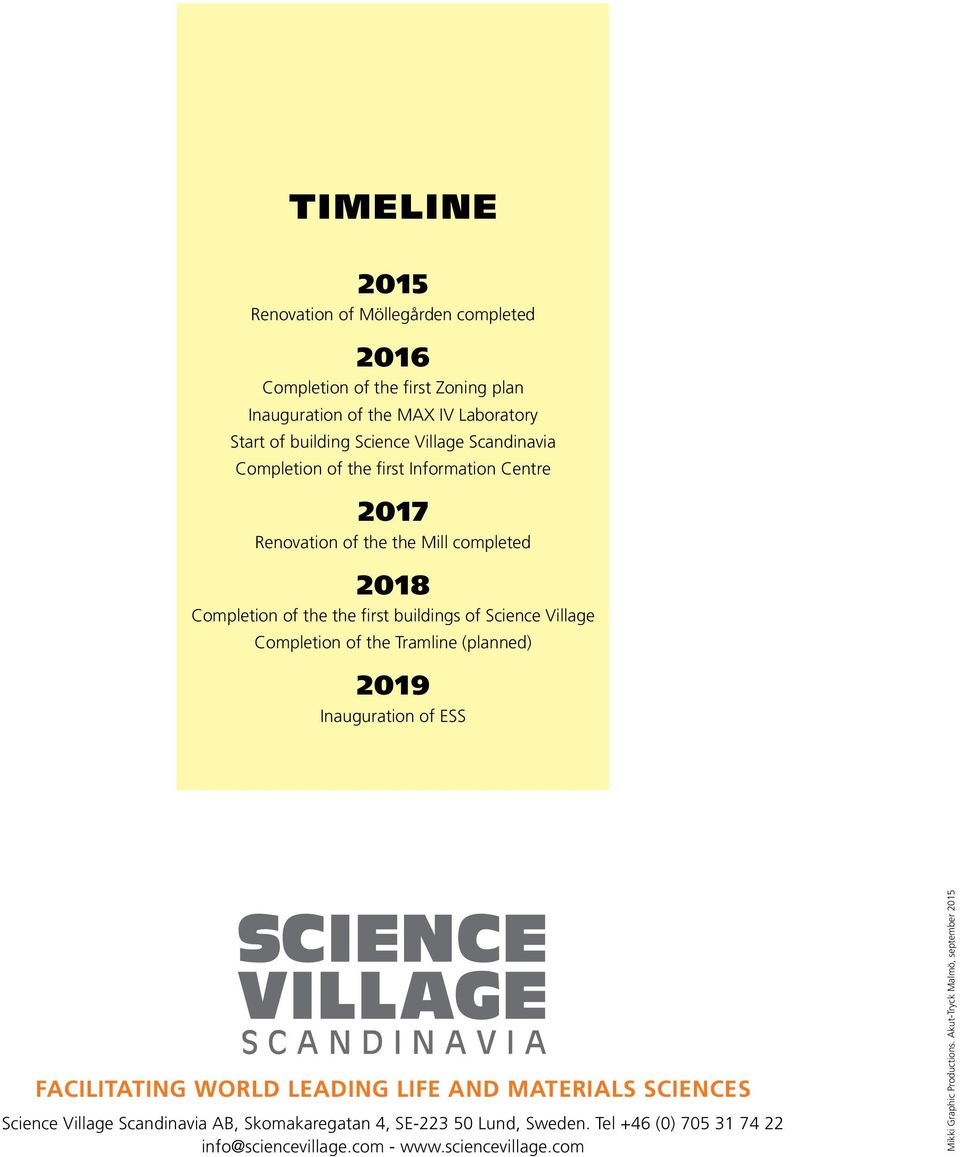 Village Completion of the Tramline (planned) 2019 Inauguration of ESS FACILITATING WORLD LEADING LIFE AND MATERIALS SCIENCES Science Village Scandinavia AB,